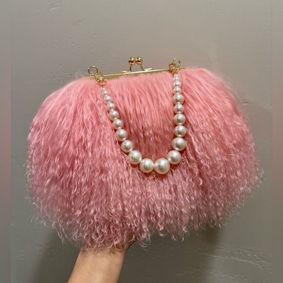 Pink Real Mongolian Lamb Fur Handmade Kisslock Wristlet/Shoulder Bag/Crossbody - Picture 4 of 16